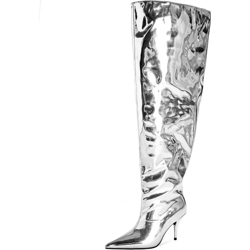 🆕Women Silver Faux Leather Wide Calf Thigh High Heeled Stiletto Cone Heel Boot